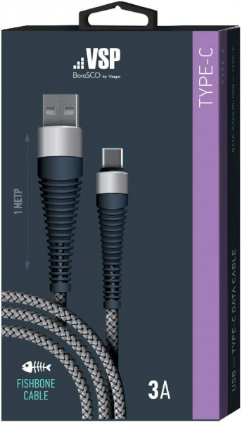 Дата-кабель BoraSCO USB - Type C, 3А, 1м, Fishbone, в нейлоновой оплетке, витой, серый фото 2