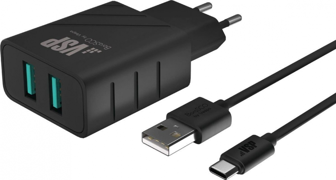 АЗУ 2 USB, 2.4А + дата-кабель Type-C, 2А, черный, BoraSCO фото 1